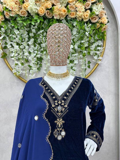 Navy blue velvet thread work suit-pant and dupatta set