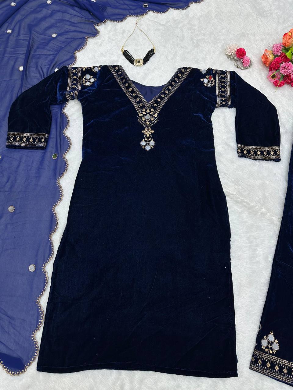 Navy blue velvet thread work suit-pant and dupatta set