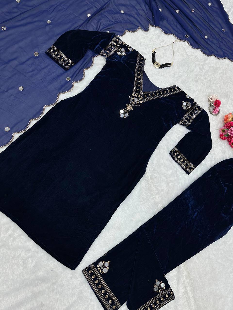 Navy blue velvet thread work suit-pant and dupatta set