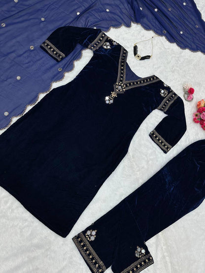 Navy blue velvet thread work suit-pant and dupatta set