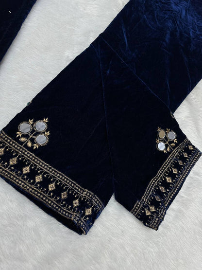 Navy blue velvet thread work suit-pant and dupatta set