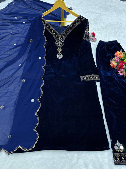 Navy blue velvet thread work suit-pant and dupatta set