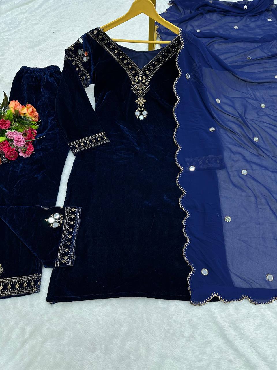 Navy blue velvet thread work suit-pant and dupatta set