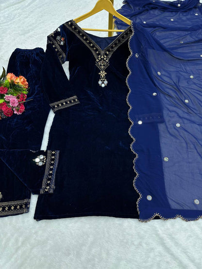 Navy blue velvet thread work suit-pant and dupatta set