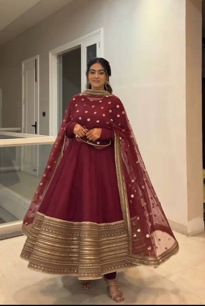 Red Roman Silk Anarkali Gown with Dupatta