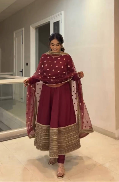 Red Roman Silk Anarkali Gown with Dupatta
