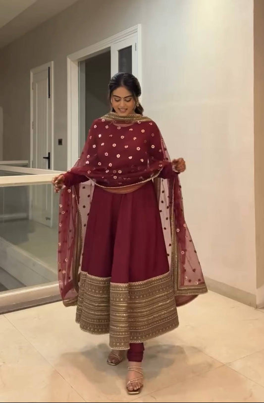 Red Roman Silk Anarkali Gown with Dupatta