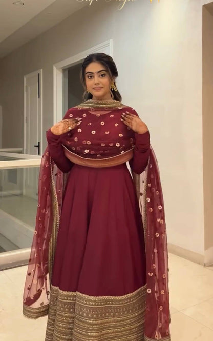 Red Roman Silk Anarkali Gown with Dupatta