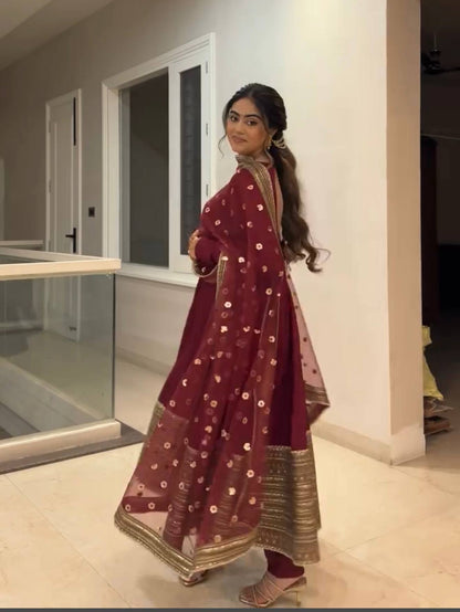 Red Roman Silk Anarkali Gown with Dupatta