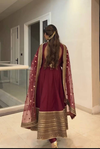 Red Roman Silk Anarkali Gown with Dupatta