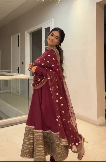 Red Roman Silk Anarkali Gown with Dupatta