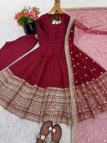 Red Roman Silk Anarkali Gown with Dupatta