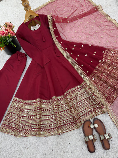 Red Roman Silk Anarkali Gown with Dupatta