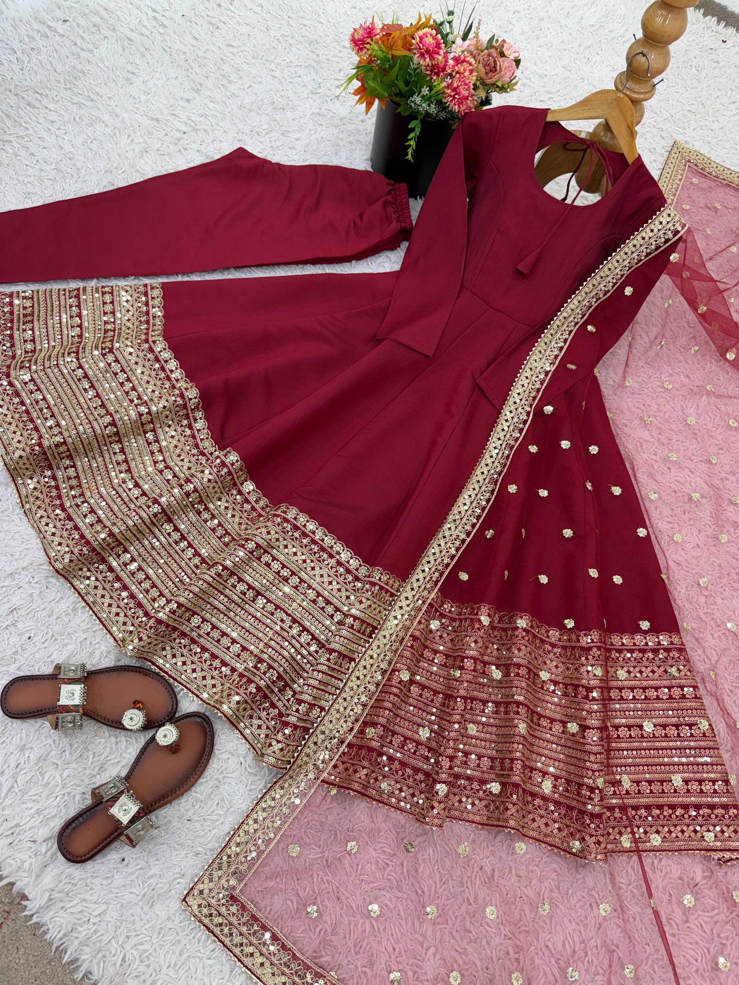 Red Roman Silk Anarkali Gown with Dupatta