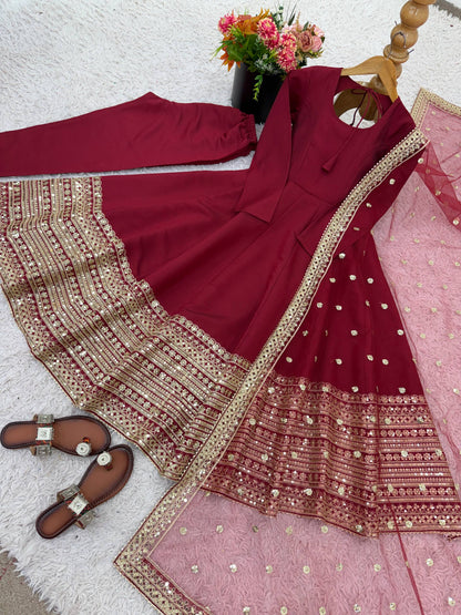 Red Roman Silk Anarkali Gown with Dupatta