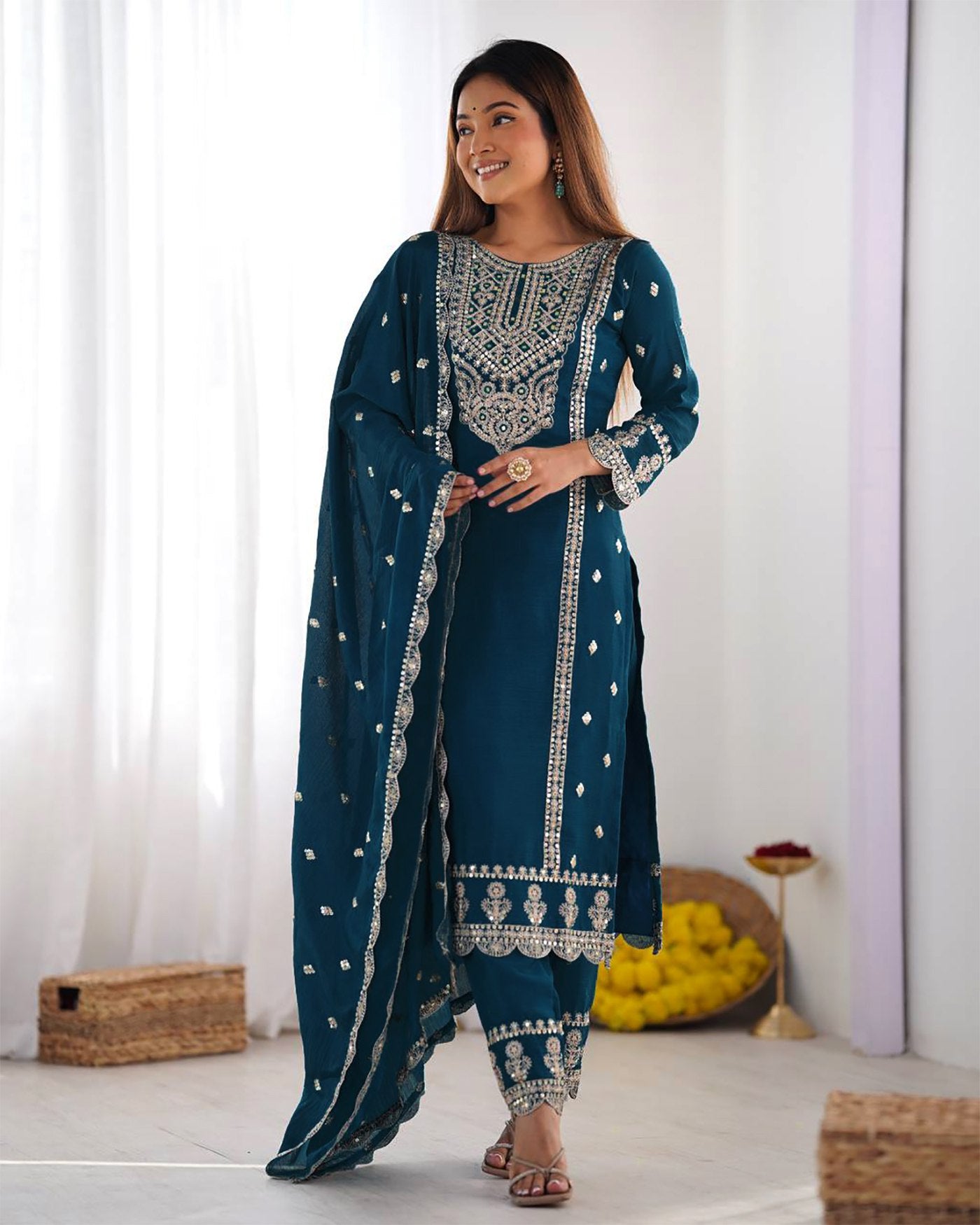 Blue tesla embroidered women silk kurta pant dupatta set
