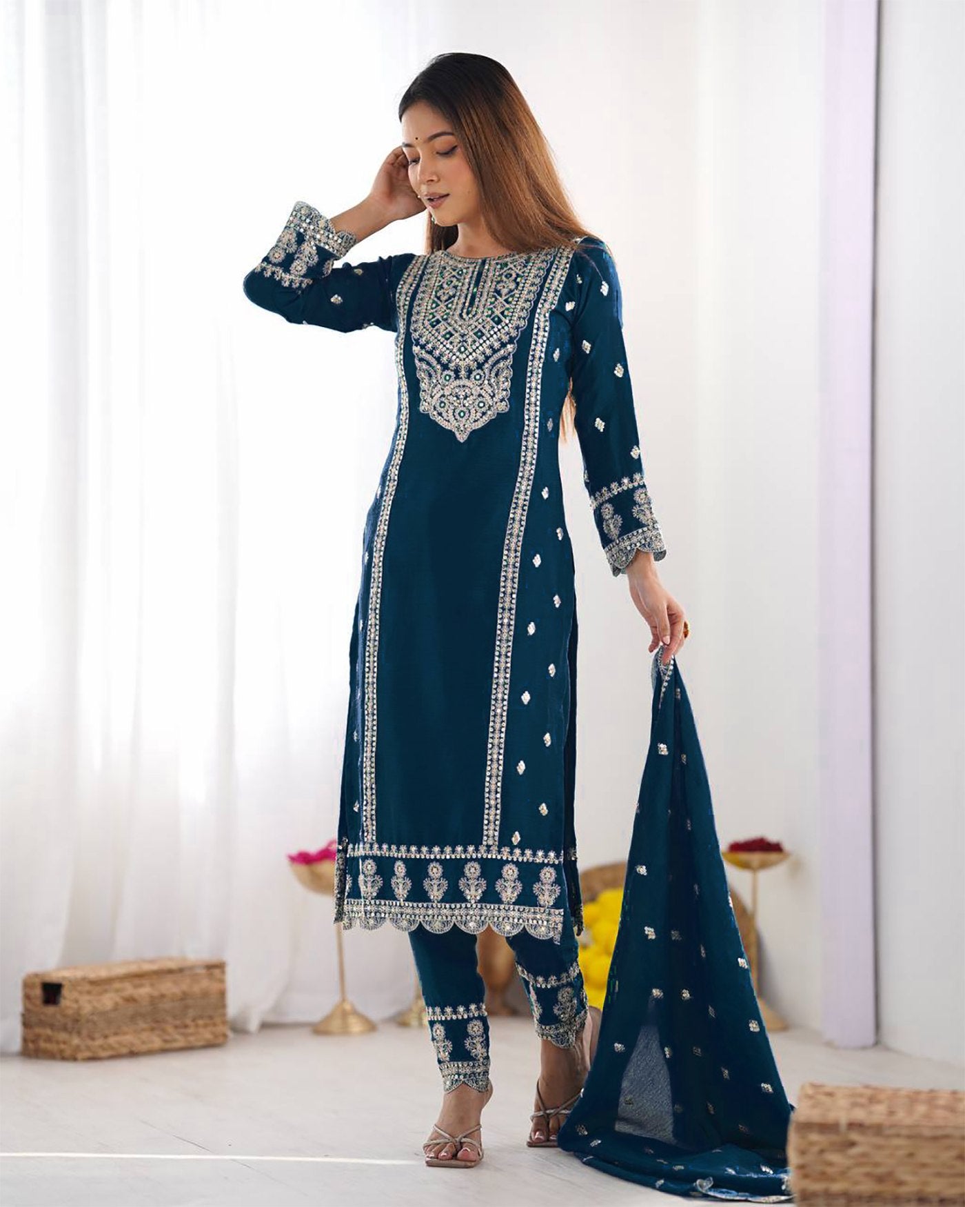 Blue tesla embroidered women silk kurta pant dupatta set