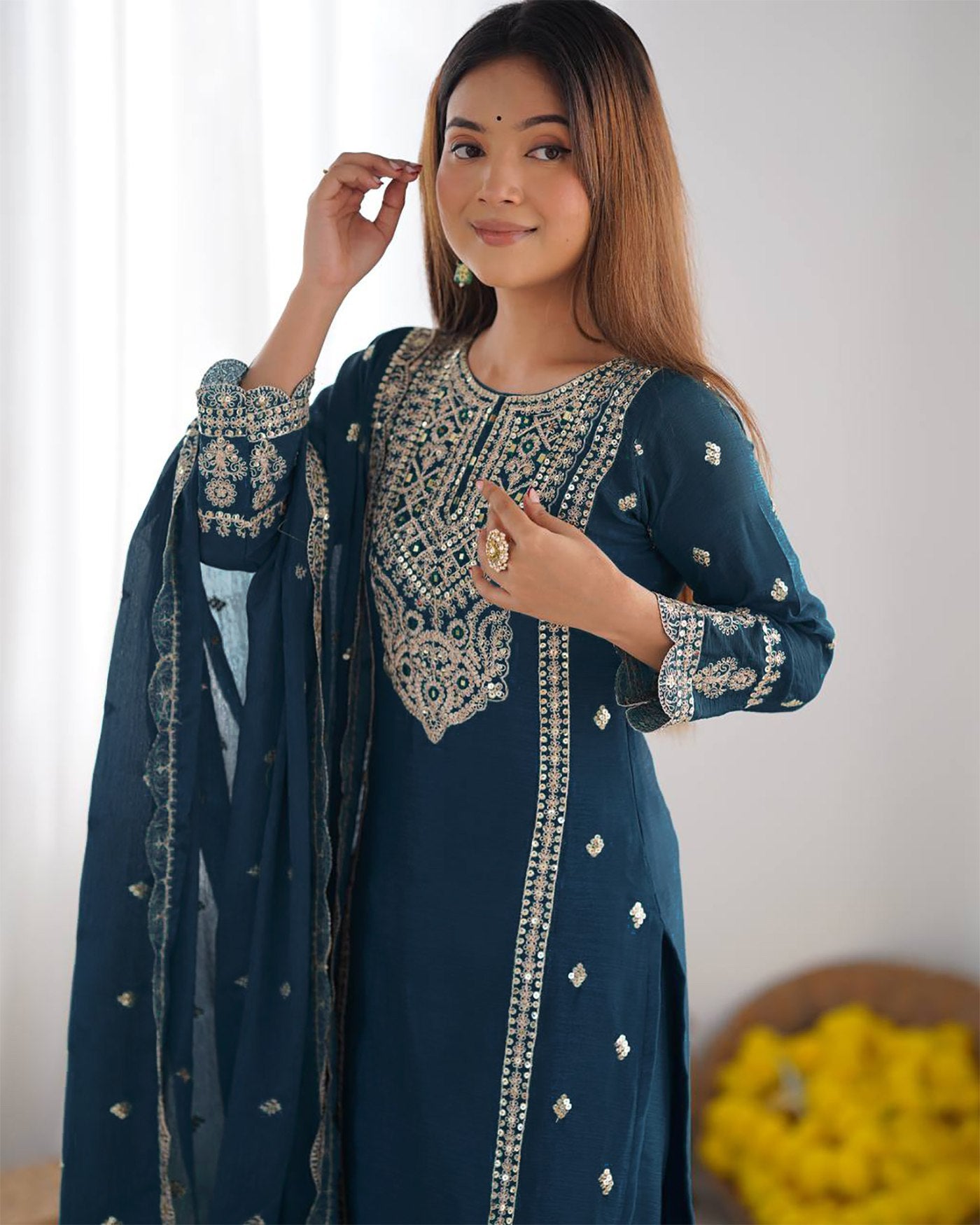 Blue tesla embroidered women silk kurta pant dupatta set