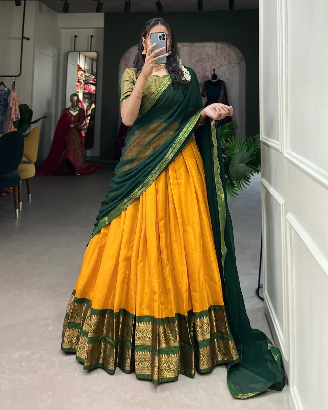 Yellow jacquard embellished semi stitched lehenga choli