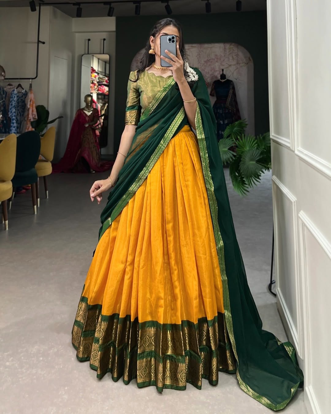 Yellow jacquard embellished semi stitched lehenga choli