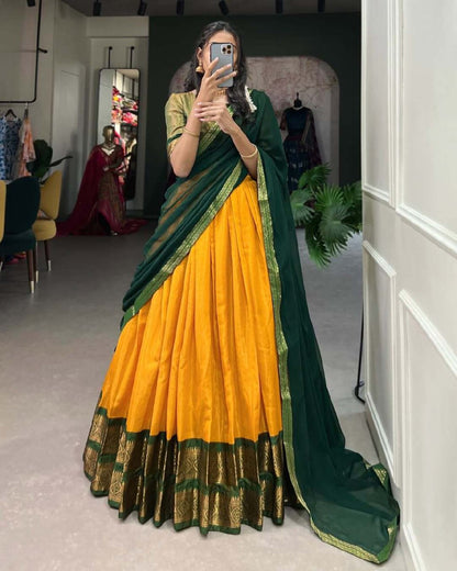 Yellow jacquard embellished semi stitched lehenga choli