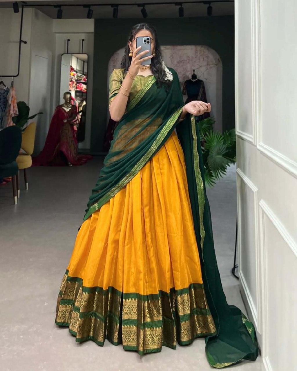 Yellow jacquard embellished semi stitched lehenga choli