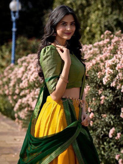 Yellow jacquard embellished semi stitched lehenga choli