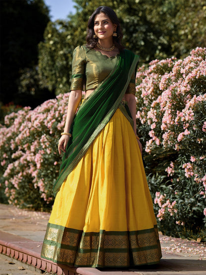 Yellow jacquard embellished semi stitched lehenga choli