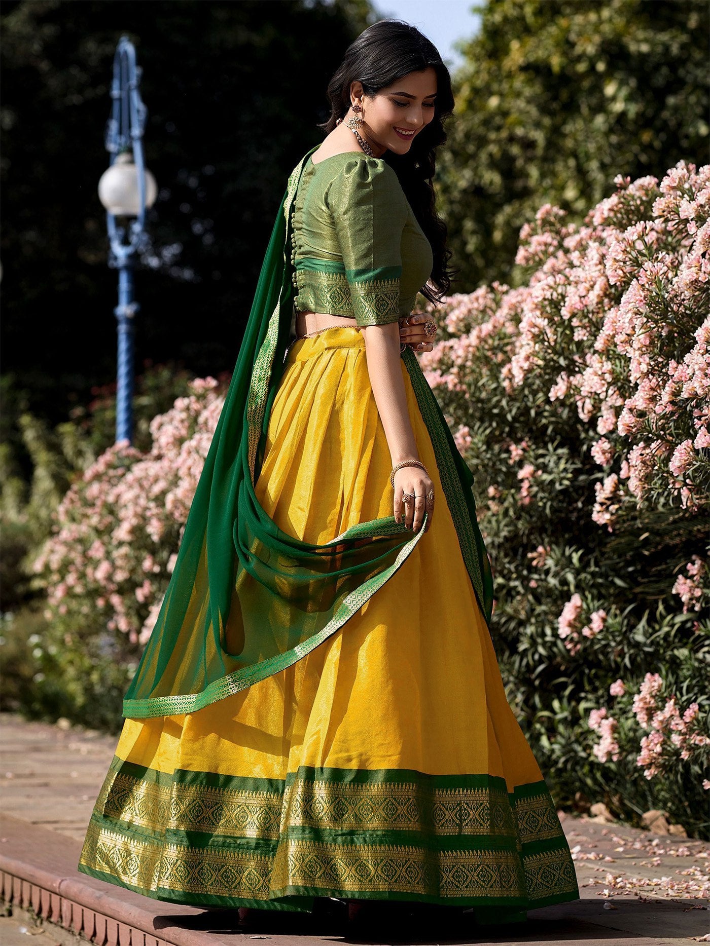 Yellow jacquard embellished semi stitched lehenga choli