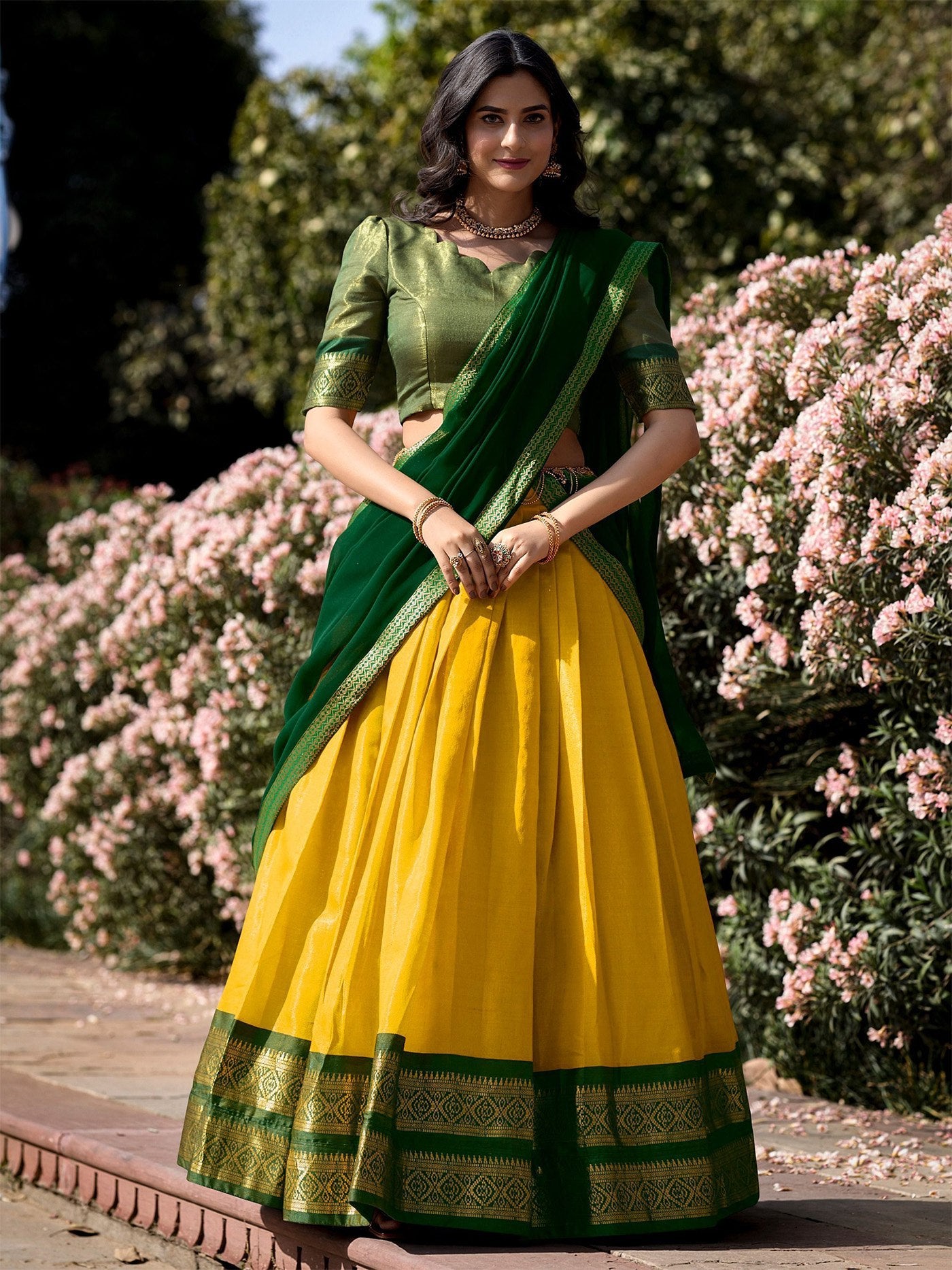 Yellow jacquard embellished semi stitched lehenga choli