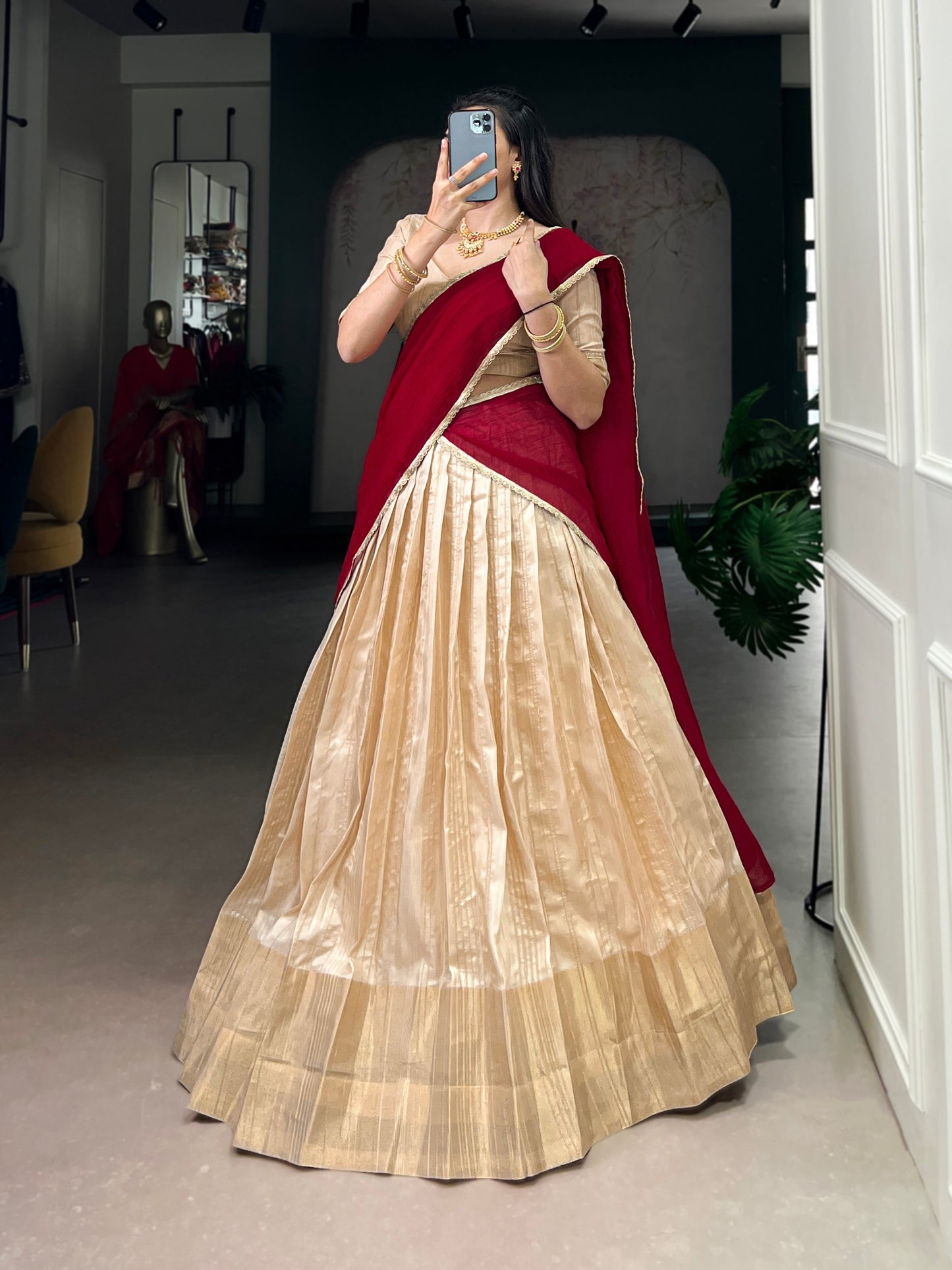 Red handloom zari waving work stitch lehenga, blouse and dupatta