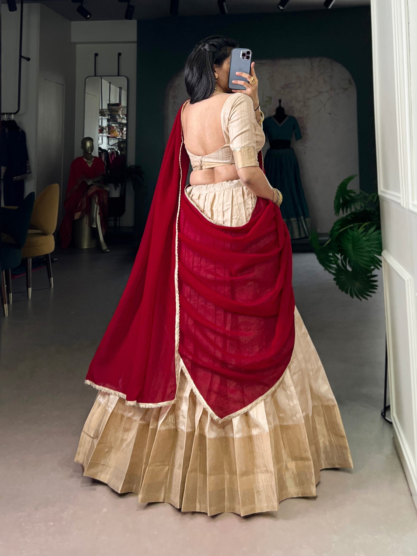 Red handloom zari waving work stitch lehenga, blouse and dupatta