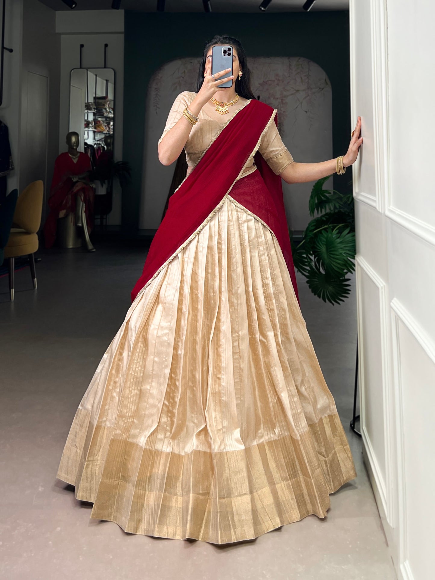 Red handloom zari waving work stitch lehenga, blouse and dupatta