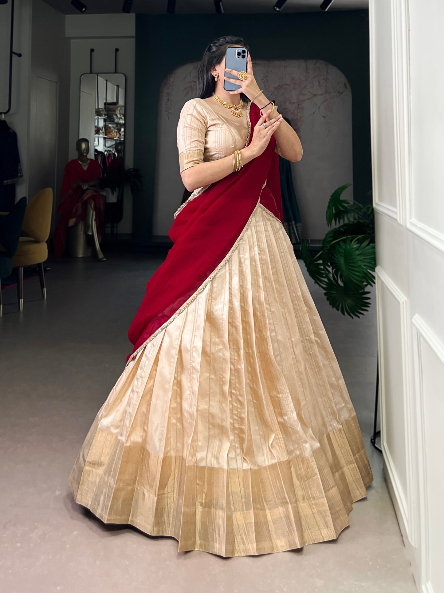 Red handloom zari waving work stitch lehenga, blouse and dupatta