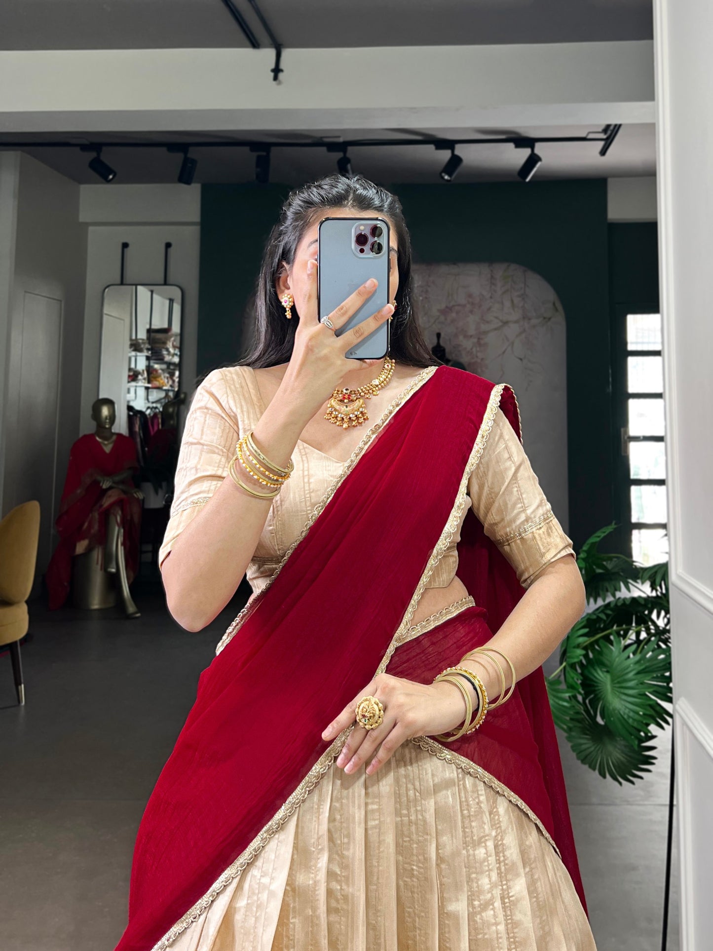 Red handloom zari waving work stitch lehenga, blouse and dupatta