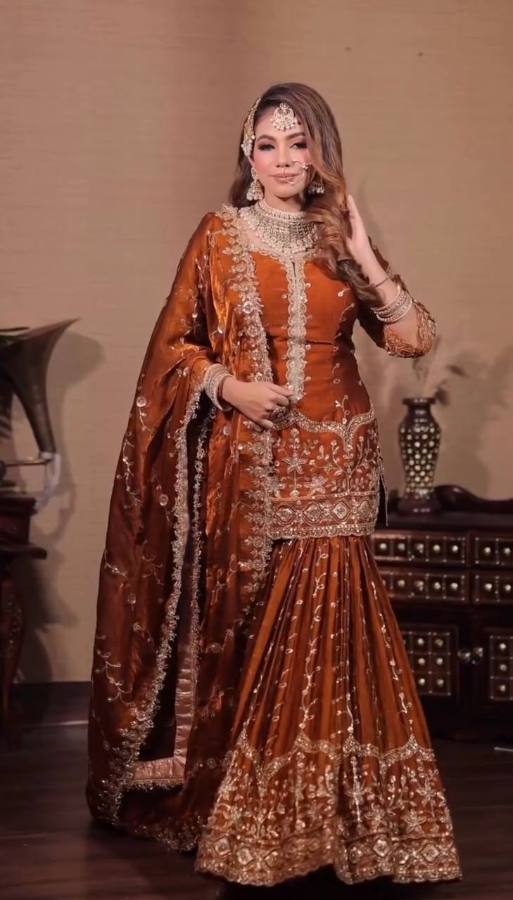 Orange pure fendy silk with embroidery sequence work top-bottom and dupatta