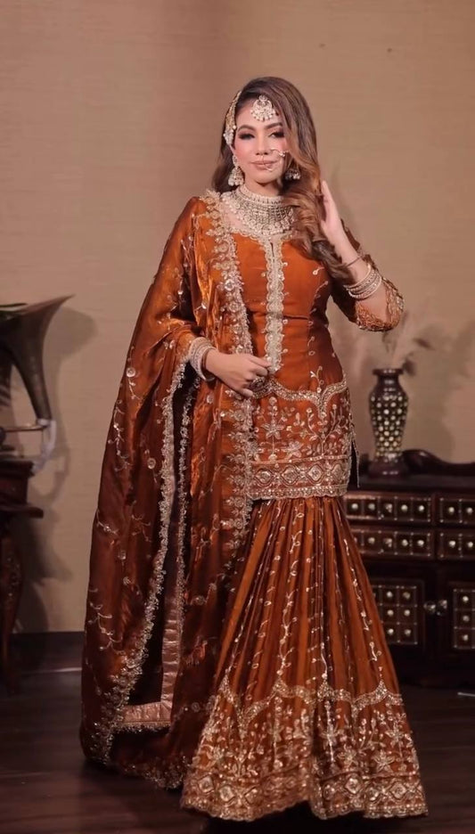 Orange pure fendy silk with embroidery sequence work top-bottom and dupatta