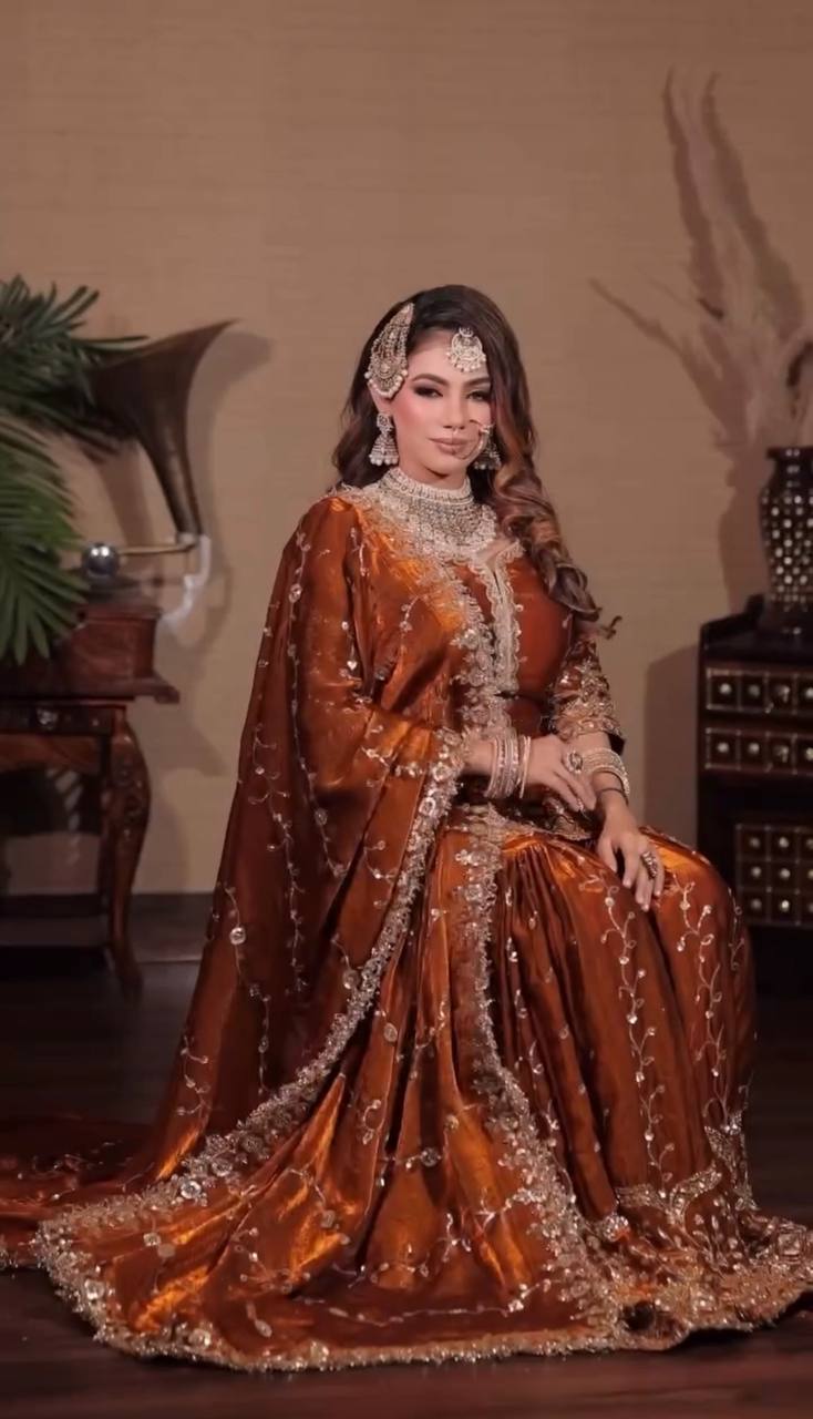 Orange pure fendy silk with embroidery sequence work top-bottom and dupatta