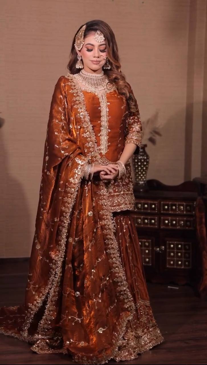 Orange pure fendy silk with embroidery sequence work top-bottom and dupatta