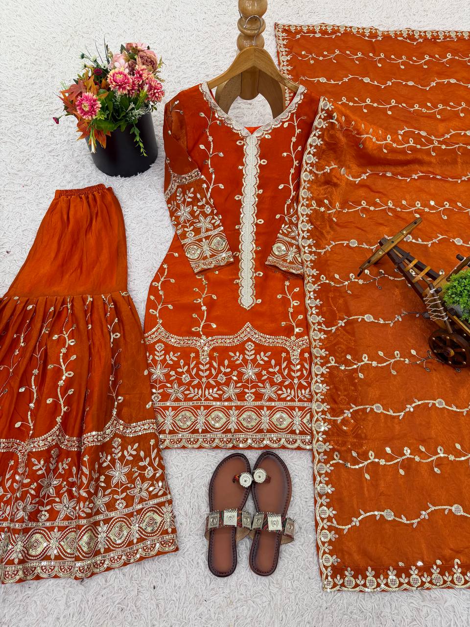 Orange pure fendy silk with embroidery sequence work top-bottom and dupatta