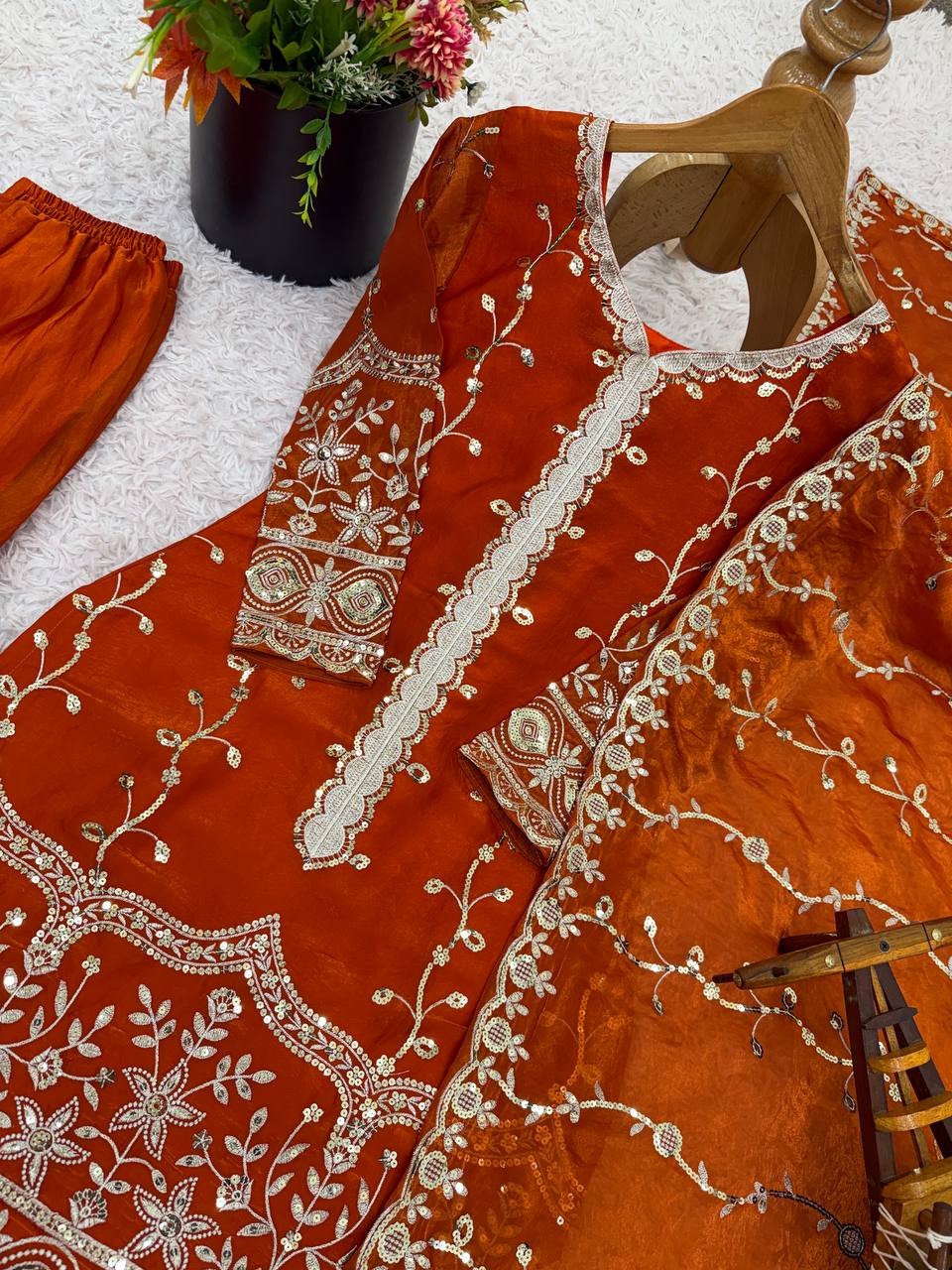 Orange pure fendy silk with embroidery sequence work top-bottom and dupatta