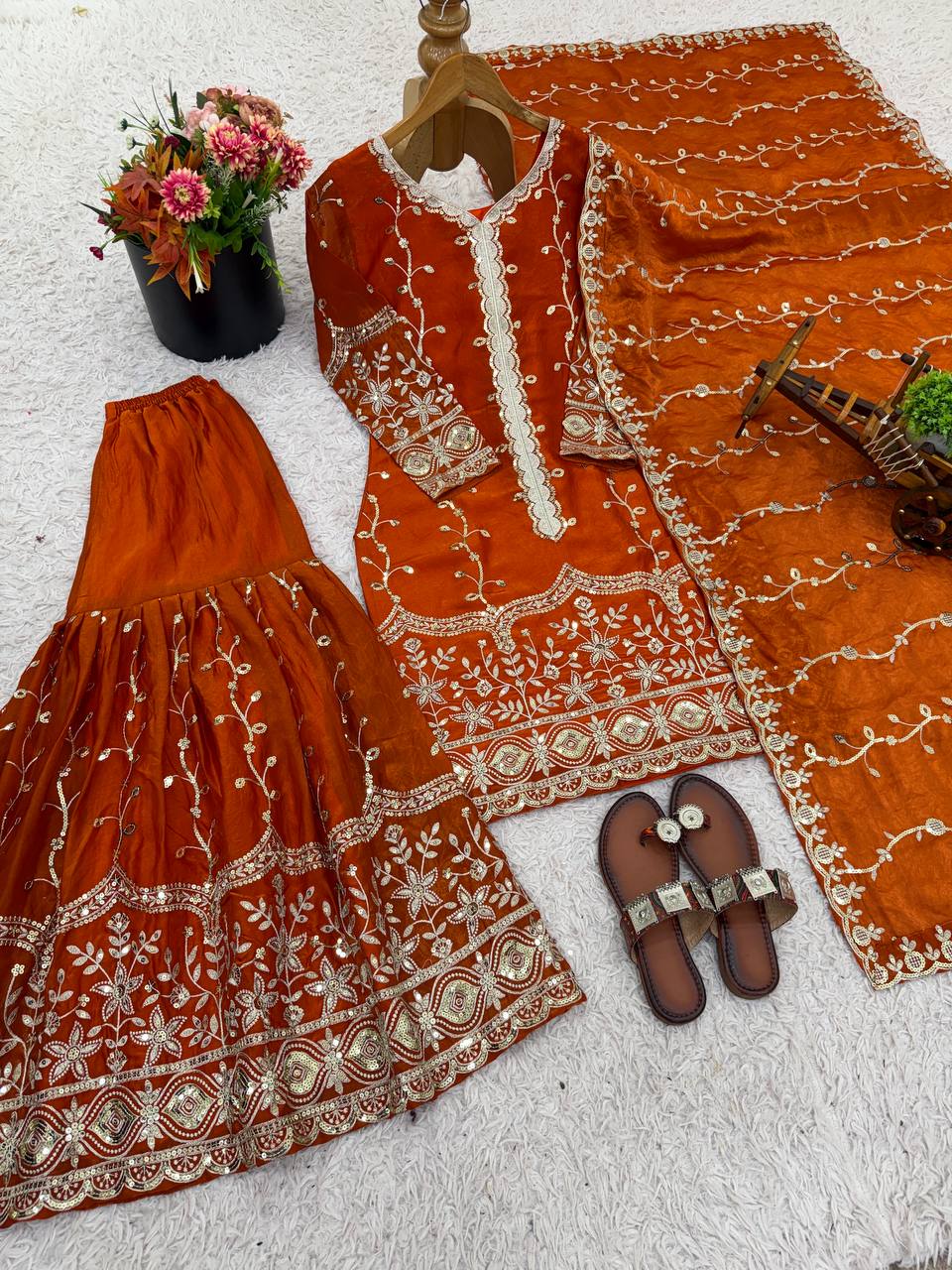 Orange pure fendy silk with embroidery sequence work top-bottom and dupatta