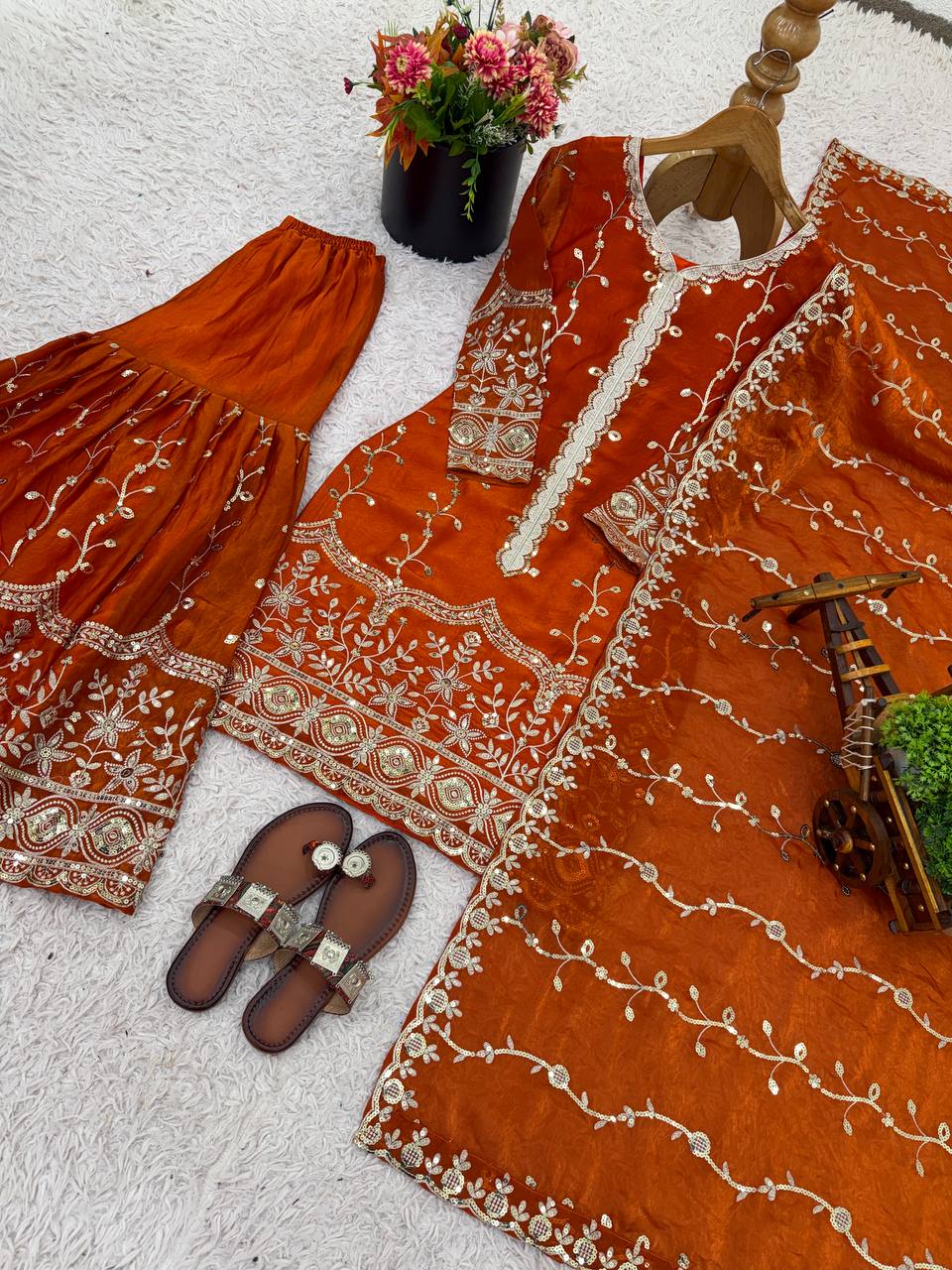 Orange pure fendy silk with embroidery sequence work top-bottom and dupatta