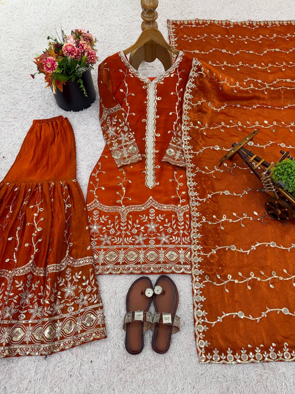 Orange pure fendy silk with embroidery sequence work top-bottom and dupatta