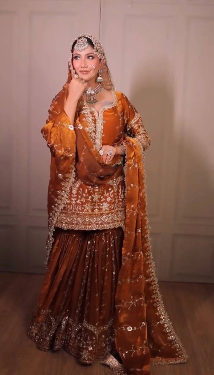 Orange pure fendy silk with embroidery sequence work top-bottom and dupatta