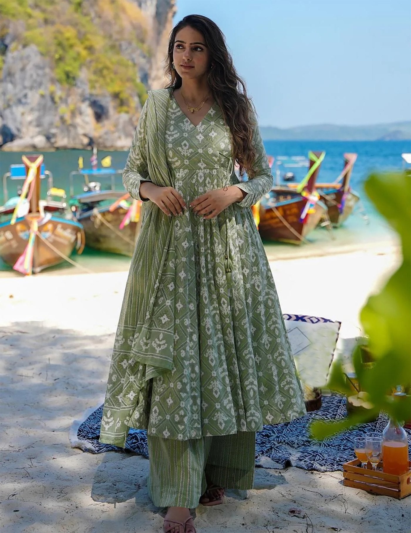 Green rayon slub printed women’s anarkali pent dupatta set
