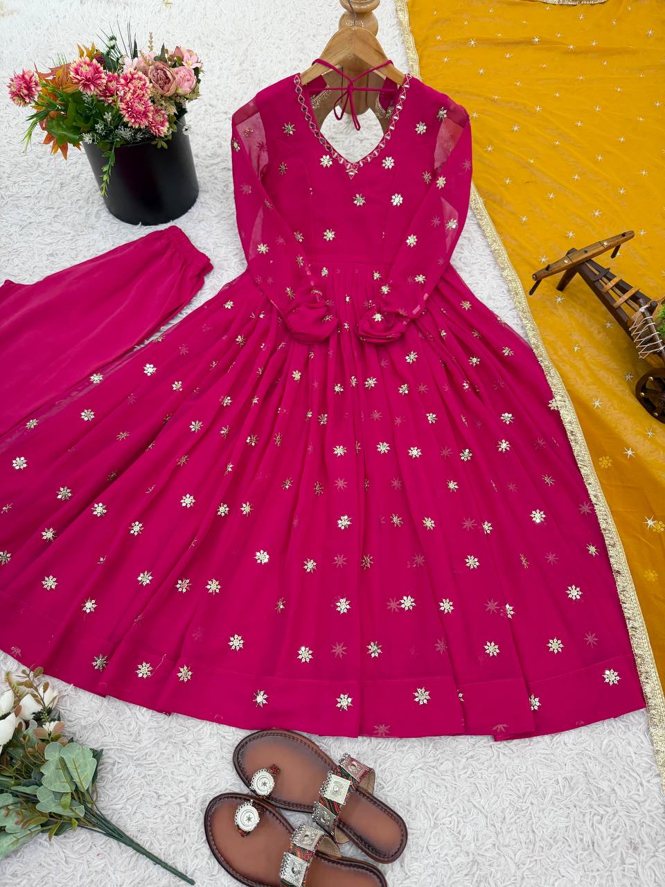 Pink Georgette With Embroidery Work Gown And Dupatta Set Fully Stitched Ready To Wear