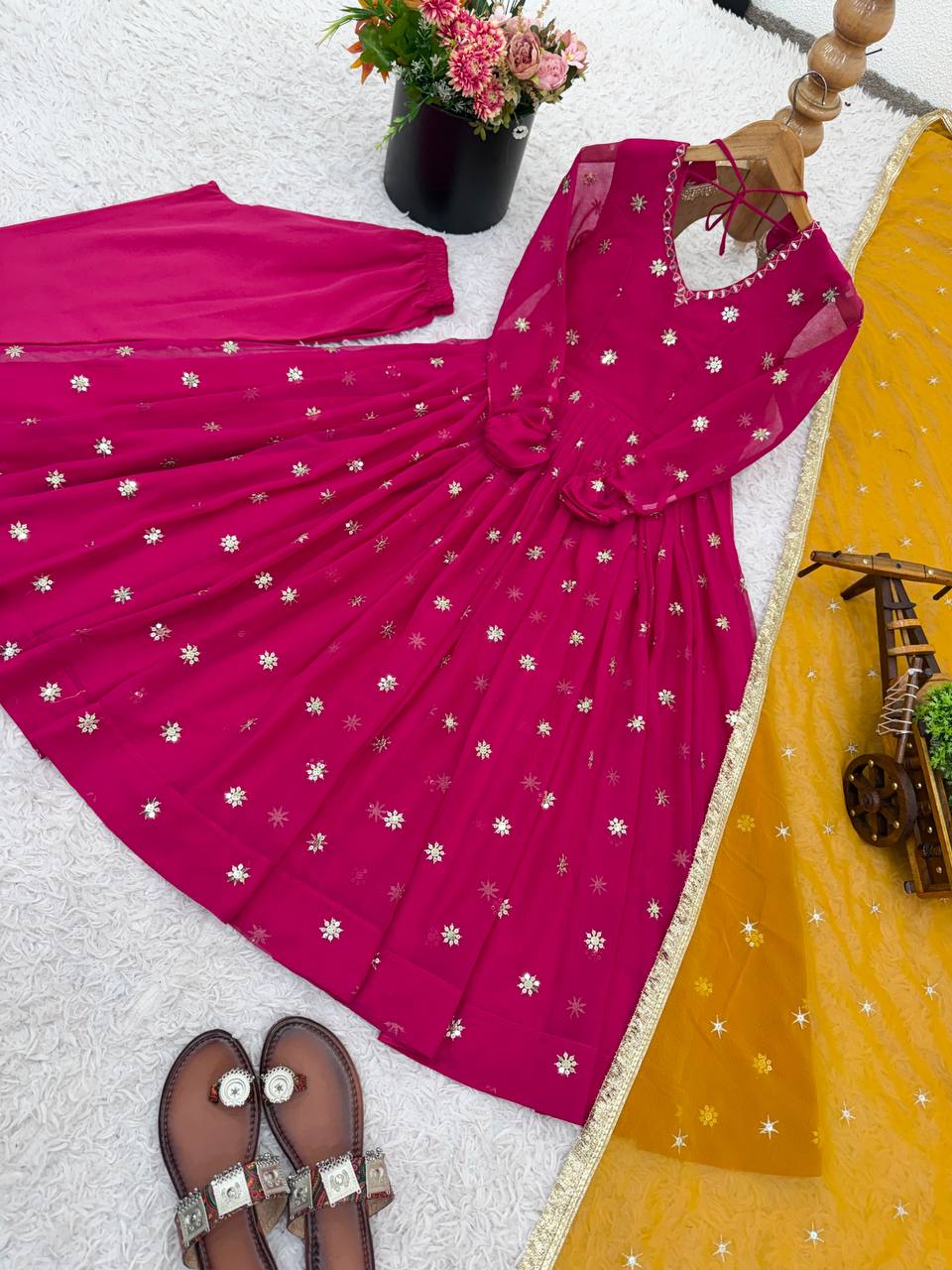 Pink Georgette With Embroidery Work Gown And Dupatta Set Fully Stitched Ready To Wear