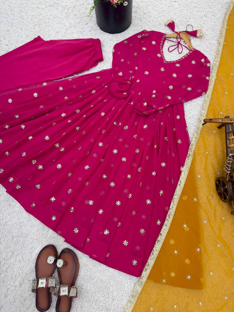 Pink Georgette With Embroidery Work Gown And Dupatta Set Fully Stitched Ready To Wear