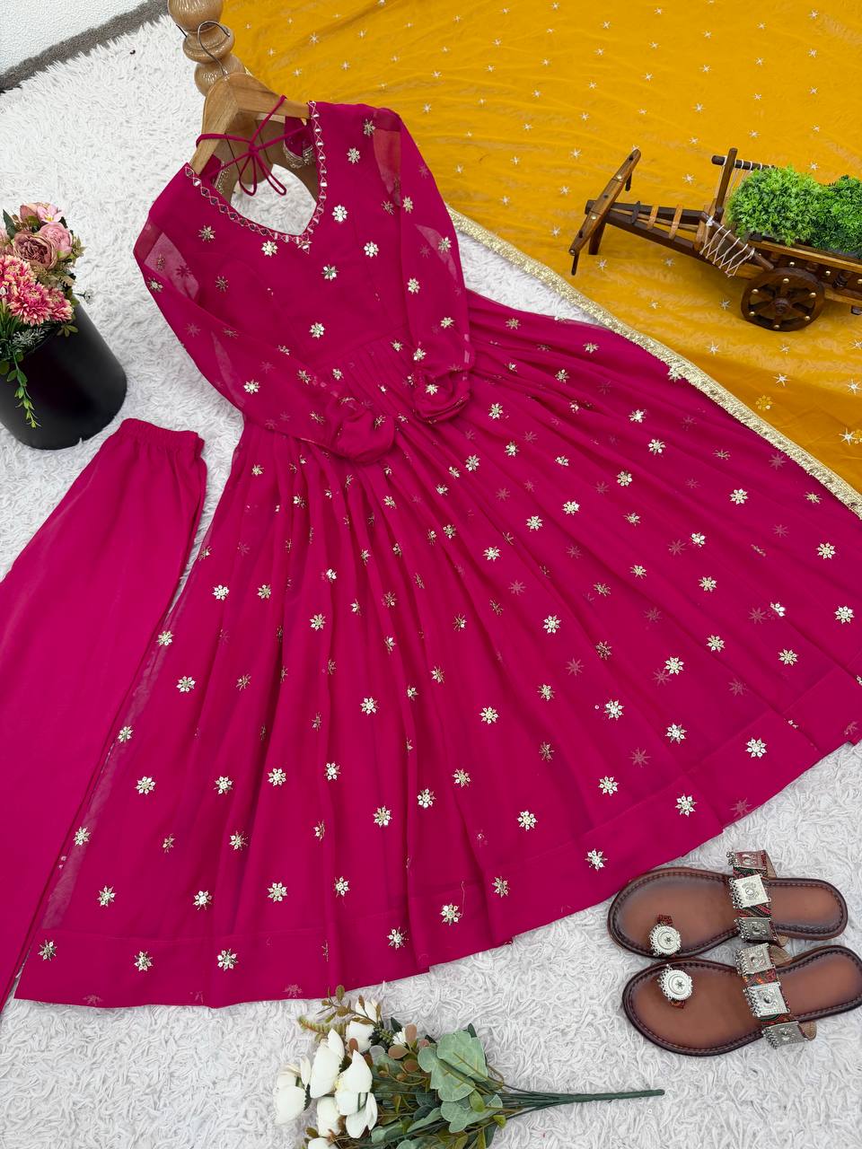Pink Georgette With Embroidery Work Gown And Dupatta Set Fully Stitched Ready To Wear